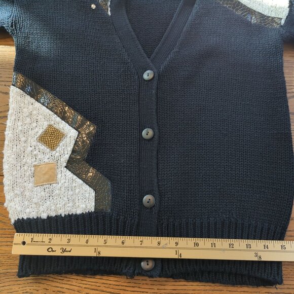 Jamie Scott Vintage Black Women Sweater Cardigan faux leather Rhinestones 90s - Picture 11 of 15